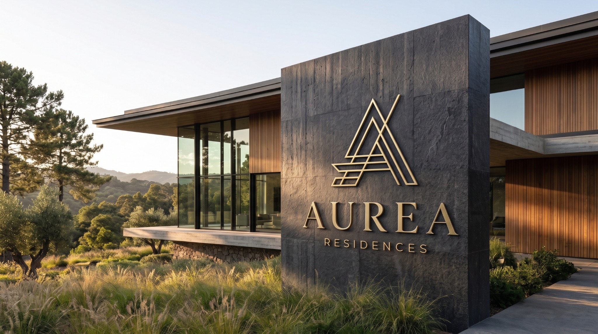 Entrada de residência contemporânea com assinatura AUREA em fachada de pedra natural